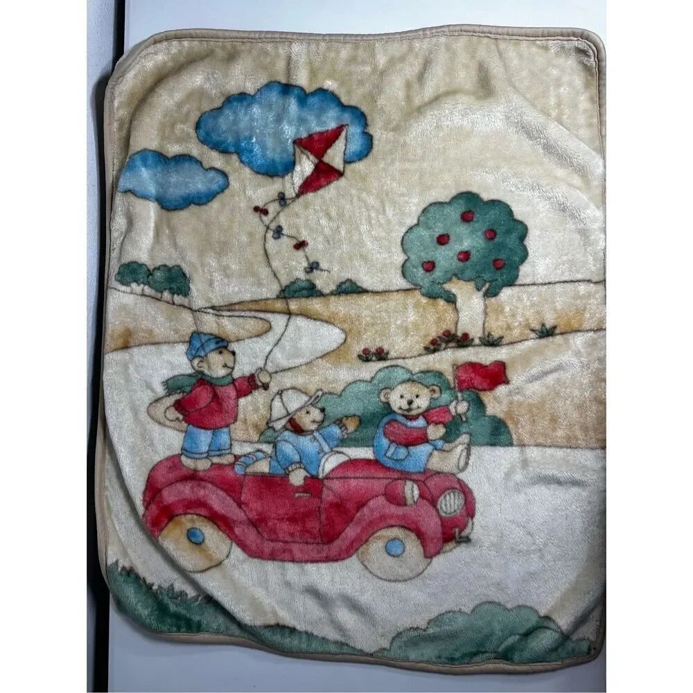 Rare Vintage Baby Fleece Blanket Teddy Bears Family On the Car 36” X 30” *Notes